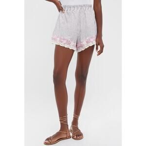 TUCKERNUCK Tan Stripe Embroidered Floral Linen Kali Short Size M NWT